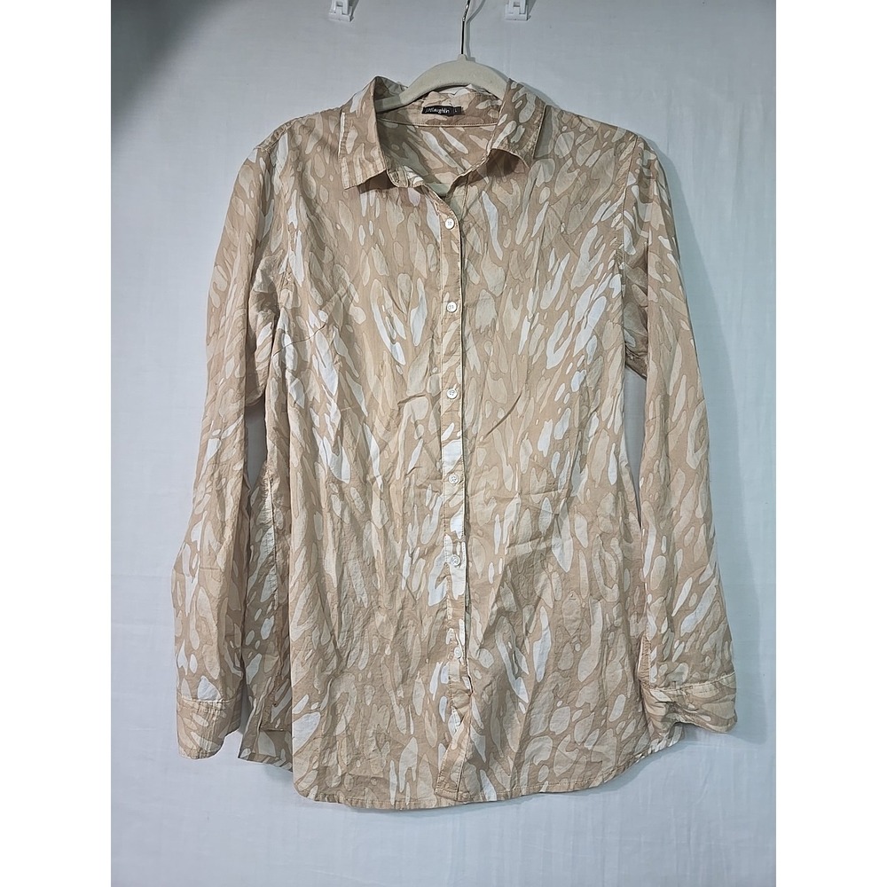 J McLaughlin Women's L Long Sleeve Button Up Blouse Animal Print Brown Top